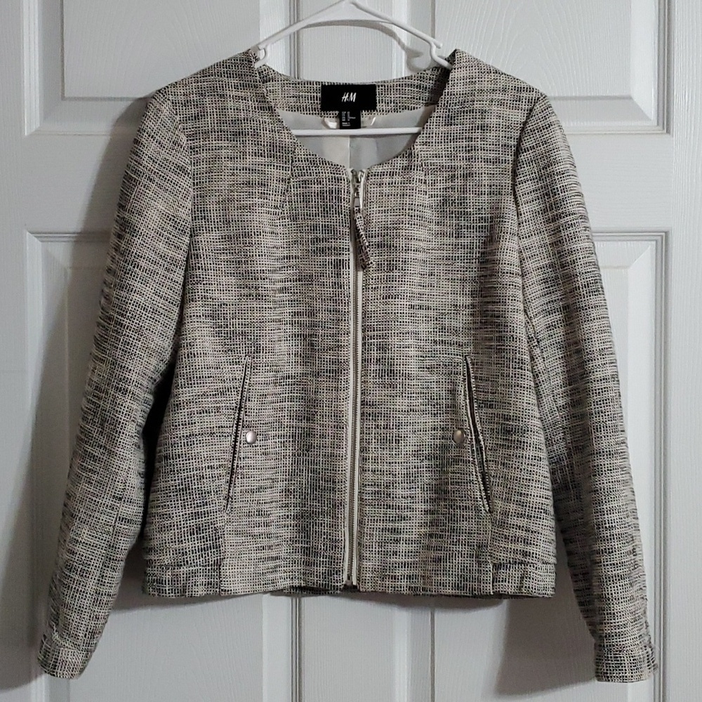 H&M Women's Long Sleeve Full Zipper Lined Black White Tweed Blazer Jacket Sz 12